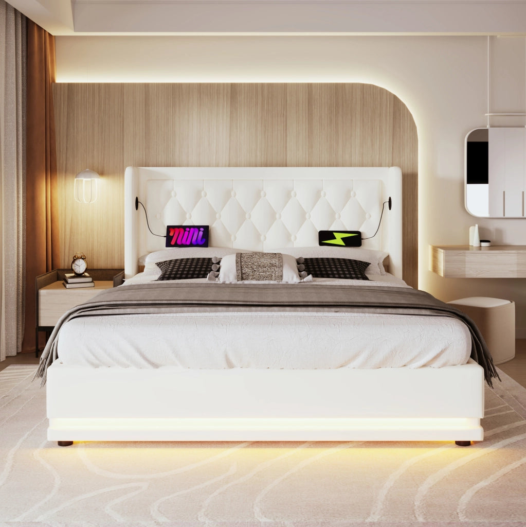 Letto matrimoniale ULEVR 180x200 cm con contenitore idraulico, LED a 3 lati, USB e Type-C, PU bianco