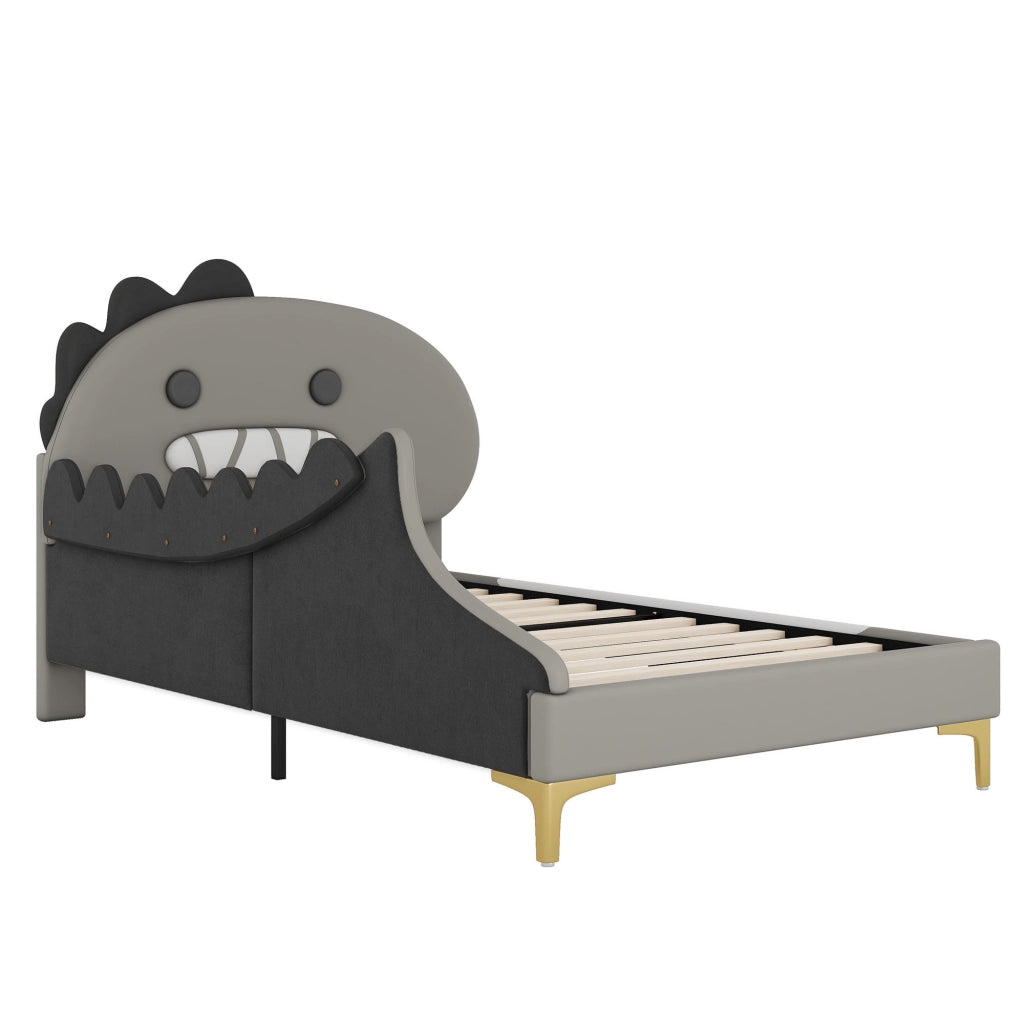 Letto singolo 90 × 200 cm con testiera a dinosauro in PU e MDF grigio