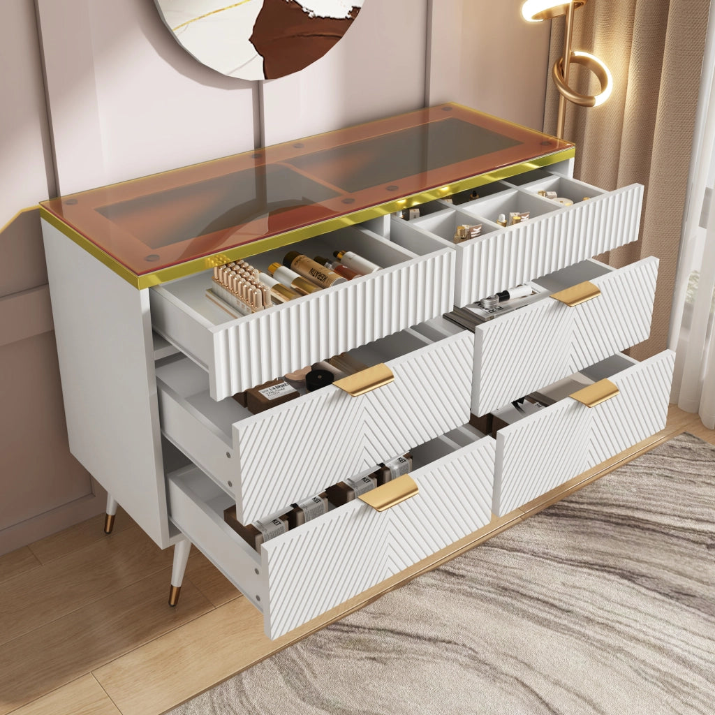 Cassettiera bianca 120 cm con 6 cassetti e vetro marrone