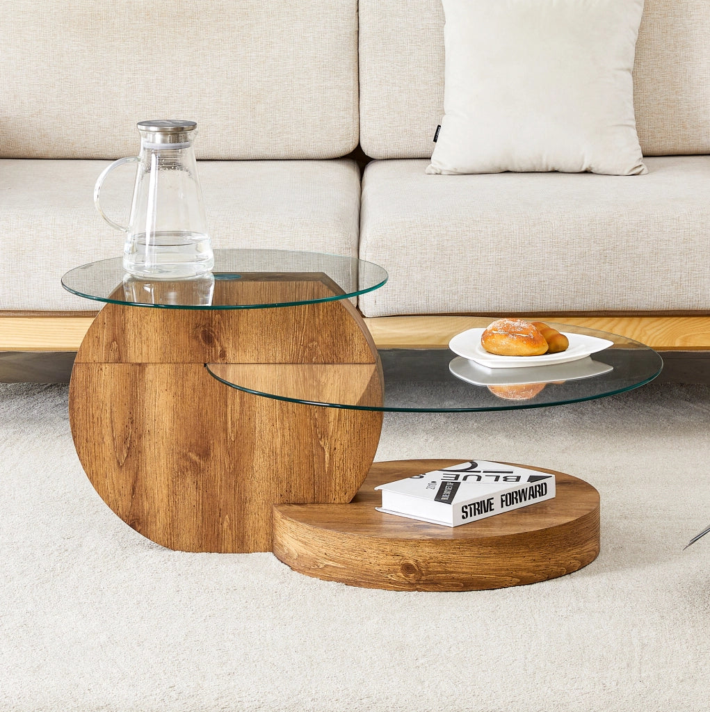 Tavolino da caff¨¨ rotondo 78,5 cm a pi¨´ livelli in MDF e vetro trasparente
