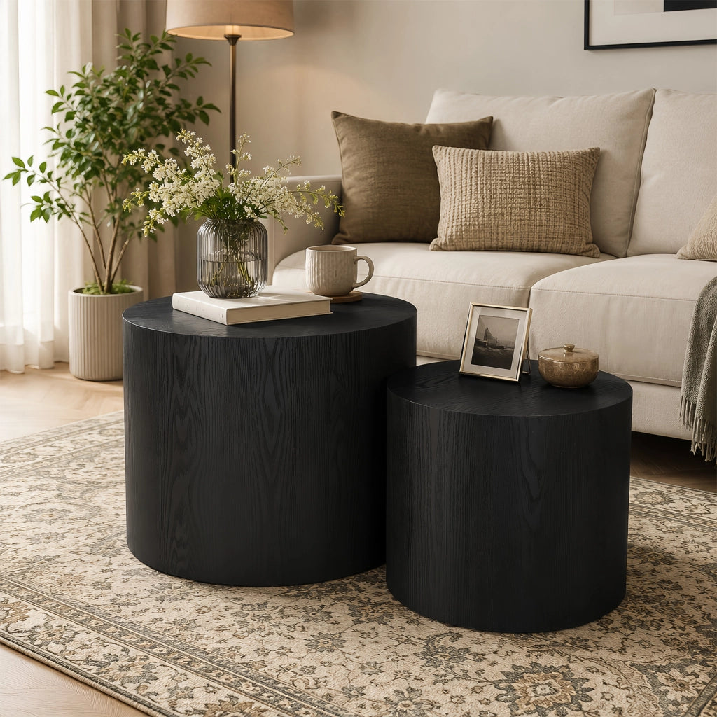 Tavolini da salotto impilabili rotondi set 2 pezzi con piedini antiscivolo, in MDF nero, per soggiorno e camera