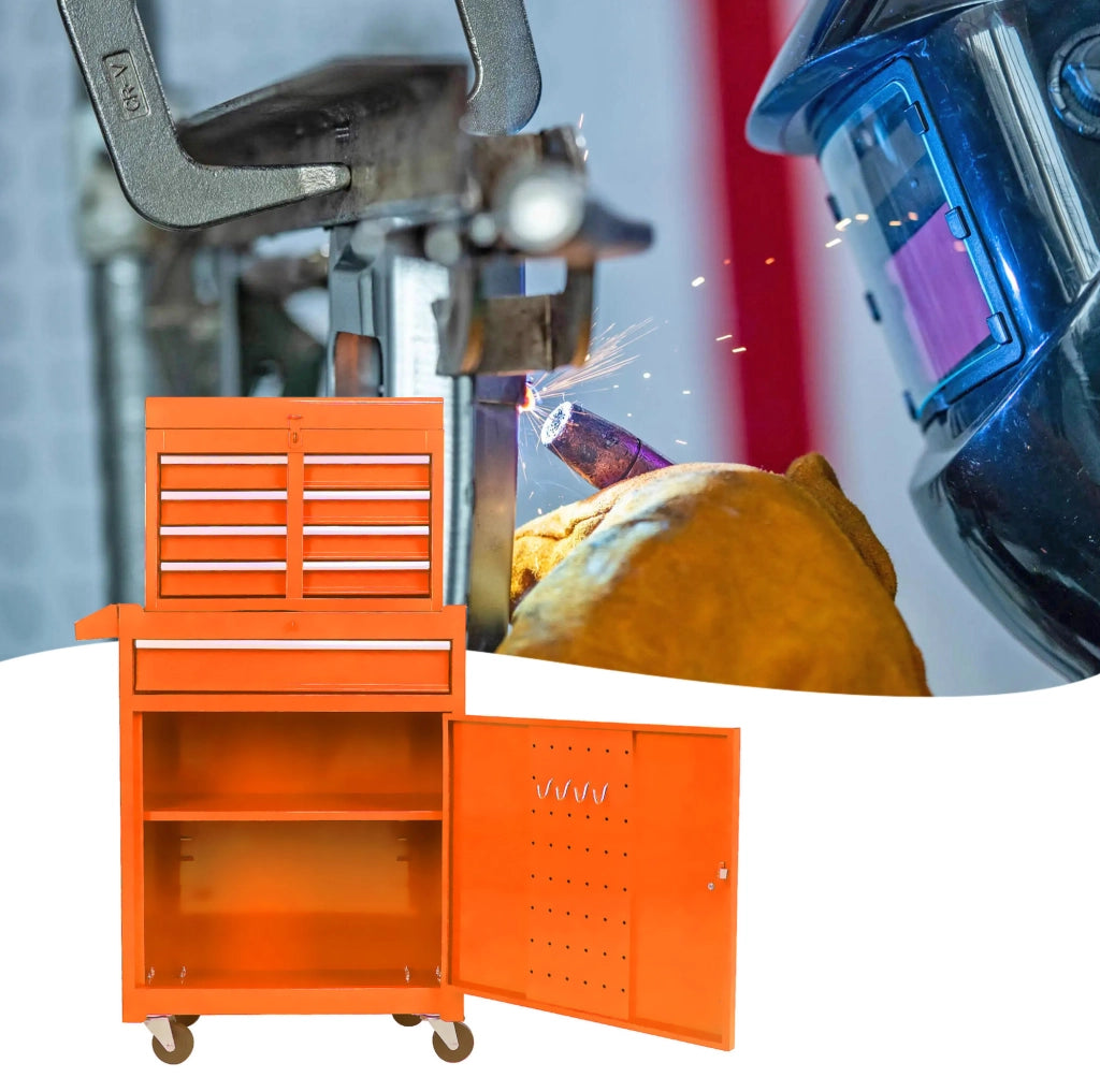 Armadio portautensili in metallo arancione con 5 cassetti e ruote bloccabili, per garage e officina
