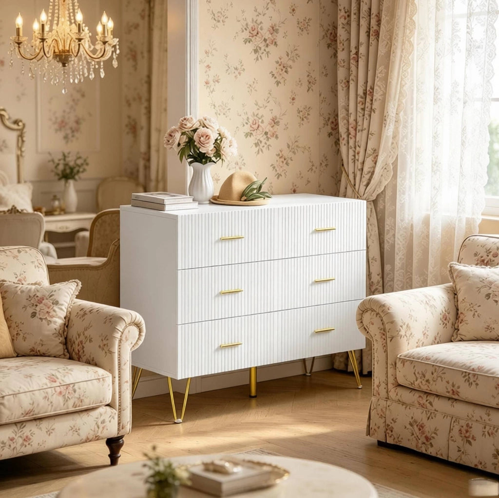 Cassettiera bianca e oro con 6 cassetti 100x40x75 cm