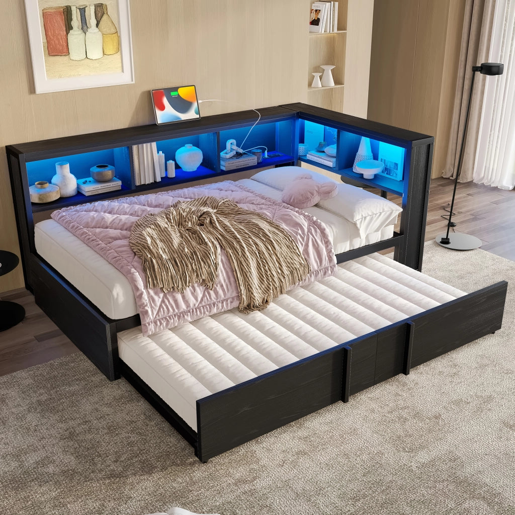 Letto con letto estraibile 90 × 200 cm con 5 armadietti; LED regolabile; prese USB; metallo e MDF nero