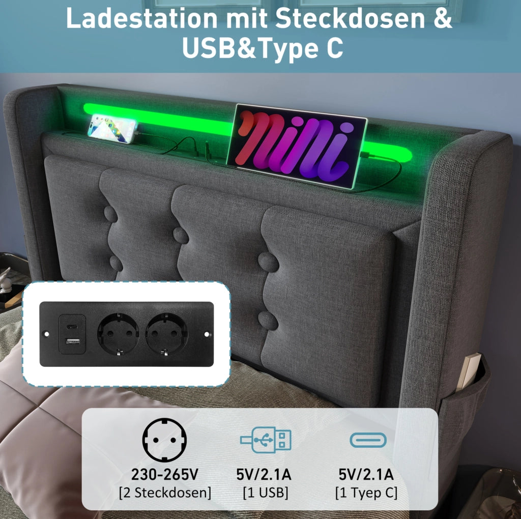 Letto singolo 90x200 cm con contenitore; LED e USB-C; in cotone e lino; grigio