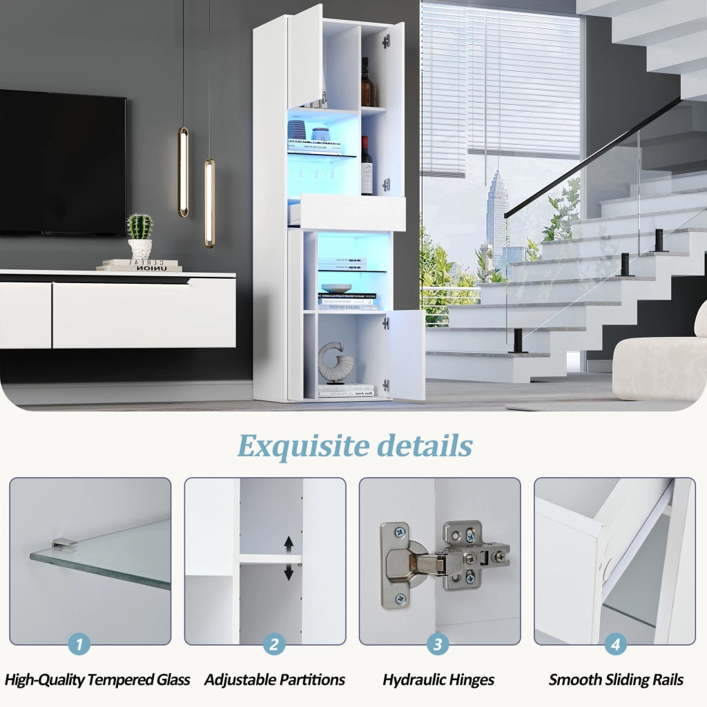Vetrina alta con LED e 1 cassetto 4 armadietti ripiani regolabili vetro temperato bianco 55 × 38 × 170 cm