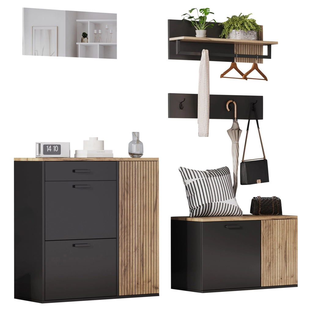 Set ingresso 5 pezzi con specchio, 2 armadietti, panca porta scarpe e appendiabiti nero e legno