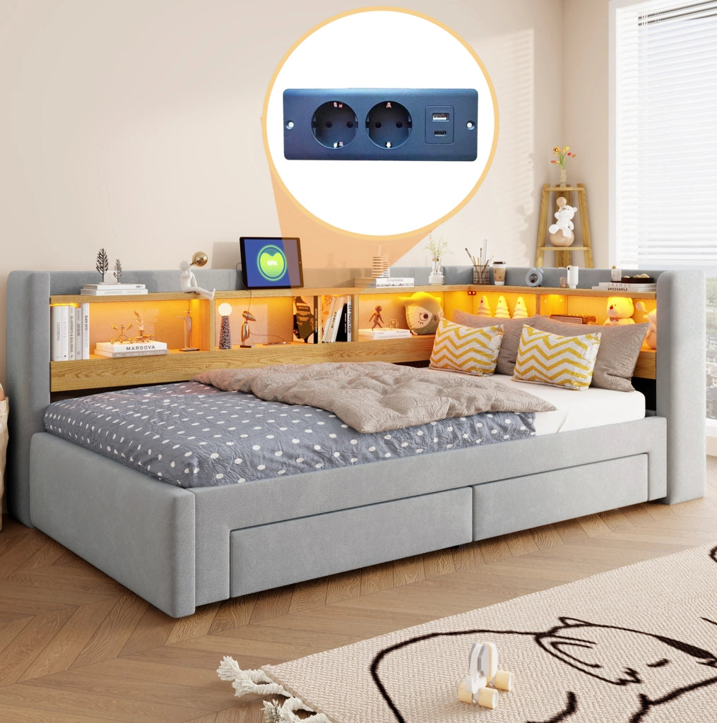 Divano letto 3 in 1 estraibile 90x200 cm; matrimoniale 180x200 cm; LED e cassetti; grigio