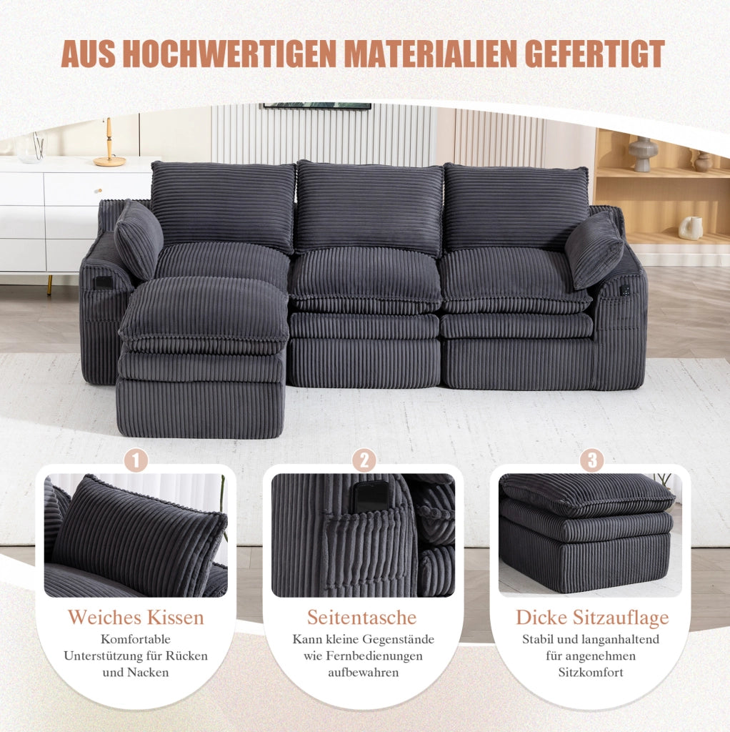Divano modulare in velluto a coste grigio scuro con pouf