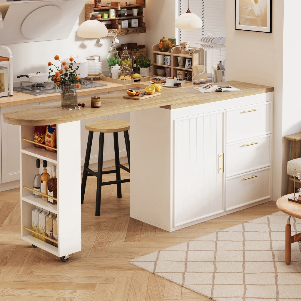 Buffet bar bianco con piano girevole a 360¡ã, 3 cassetti e ripiani regolabili, MDF e metallo, per sala da pranzo