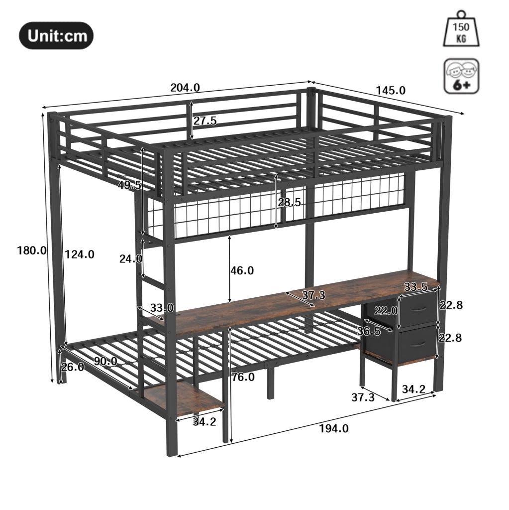 Letto a soppalco 140 x 200 cm nero con scrivania, LED e contenitore
