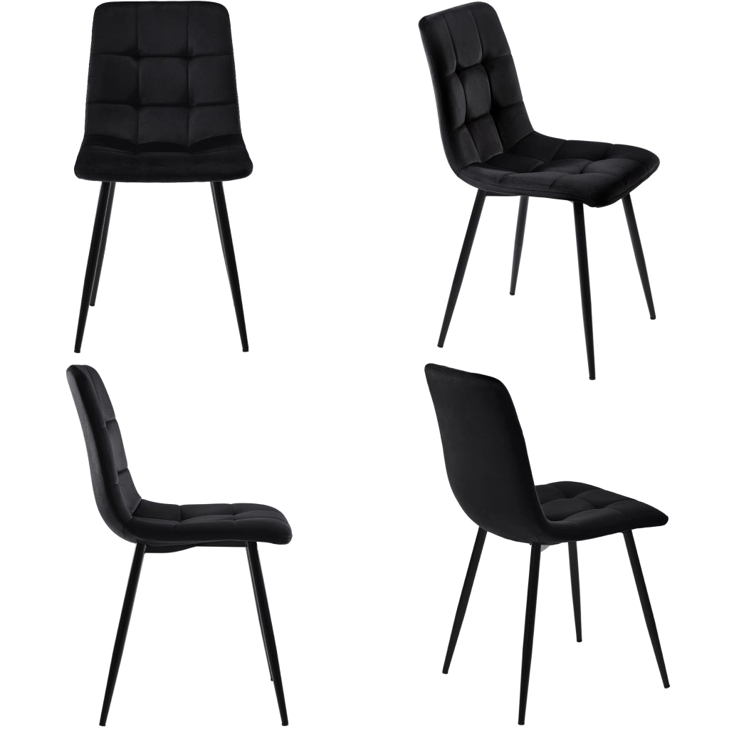 Set tavolo da pranzo rotondo 100 cm, piano MDF bianco e gambe metallo oro, con 4 sedie in velluto nero, 5 pezzi