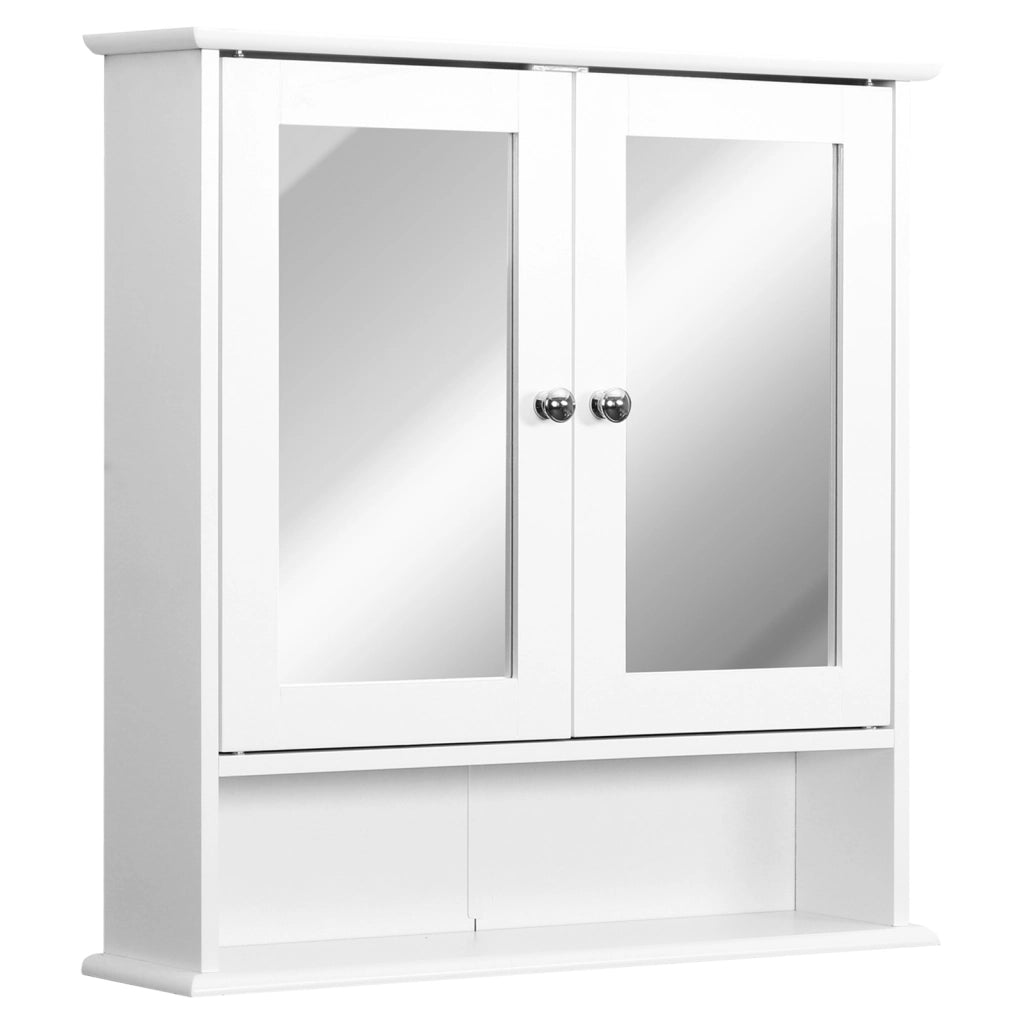 Specchio Bagno Contenitore con Ante e Ripiani Regolabili, Specchiera Bagno in Vetro, Mobiletto Armadietto a Muro con Specchio, 56x13x58cm, Bianco
