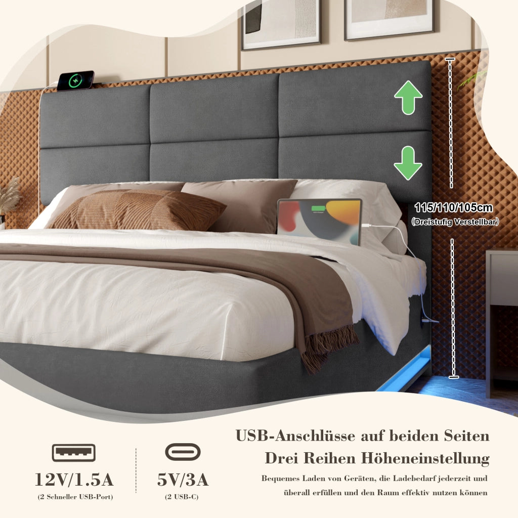 Letto contenitore matrimoniale 180×200 cm con LED regolabile; USB e Type-C; senza materasso; velluto grigio
