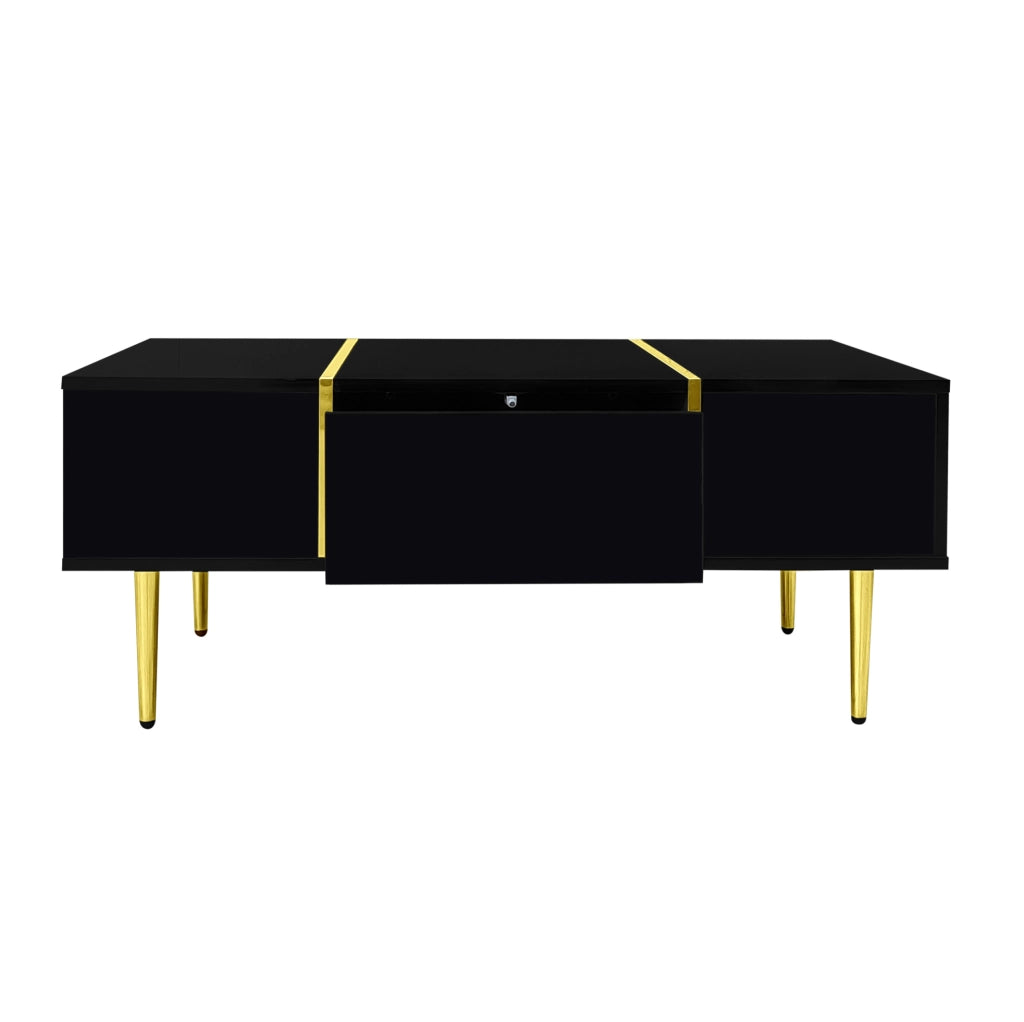Tavolino da salotto moderno nero lucido con 2 cassetti e dettagli dorati, 100x60x41,5 cm