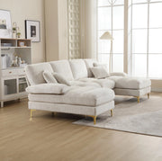 Divano modulare a sezioni Chenille a forma di U con doppi poggiatesta, struttura in legno, piedi in metallo oro, 272x136x88 cm
