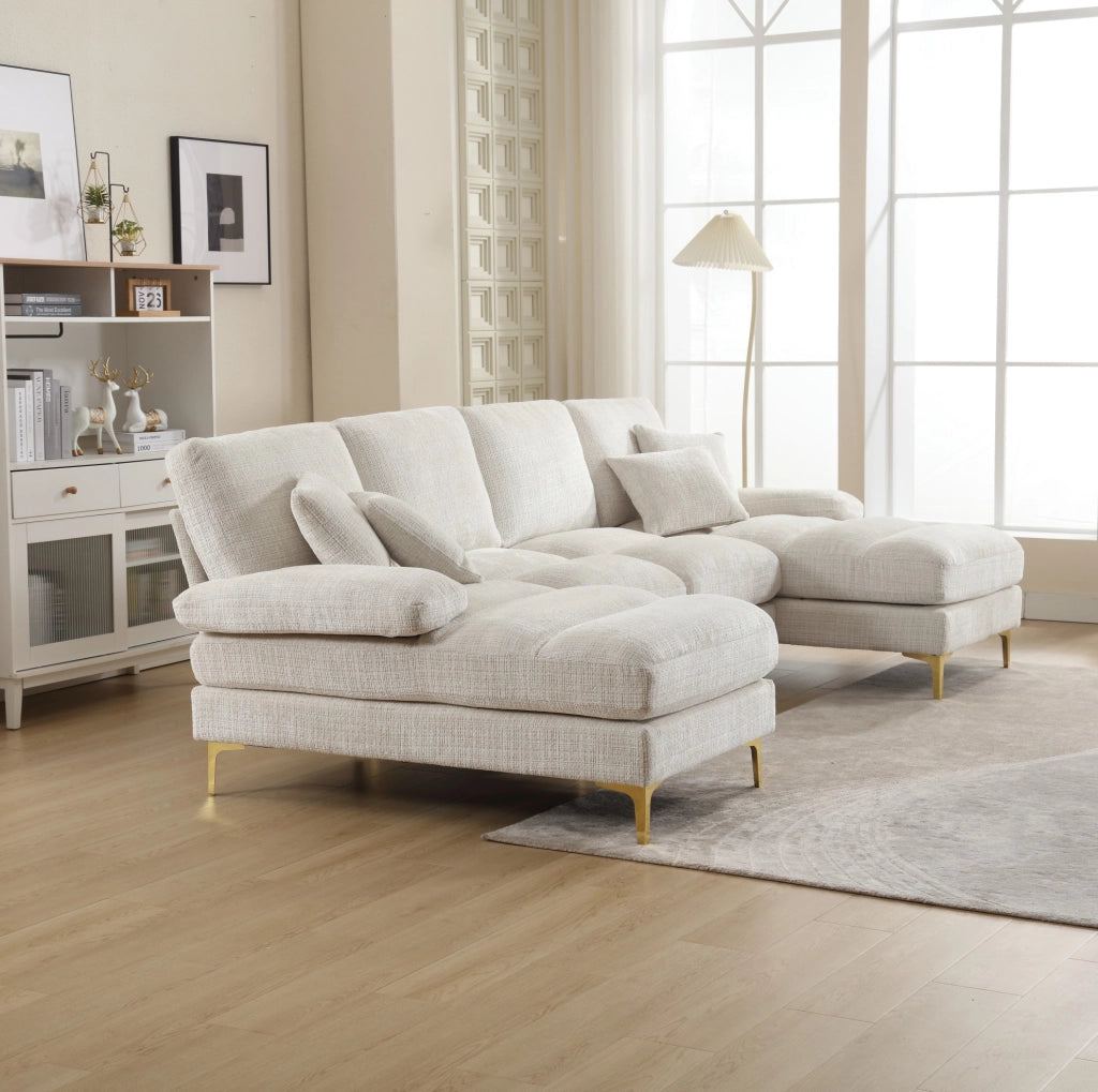 Divano modulare a sezioni Chenille a forma di U con doppi poggiatesta, struttura in legno, piedi in metallo oro, 272x136x88 cm
