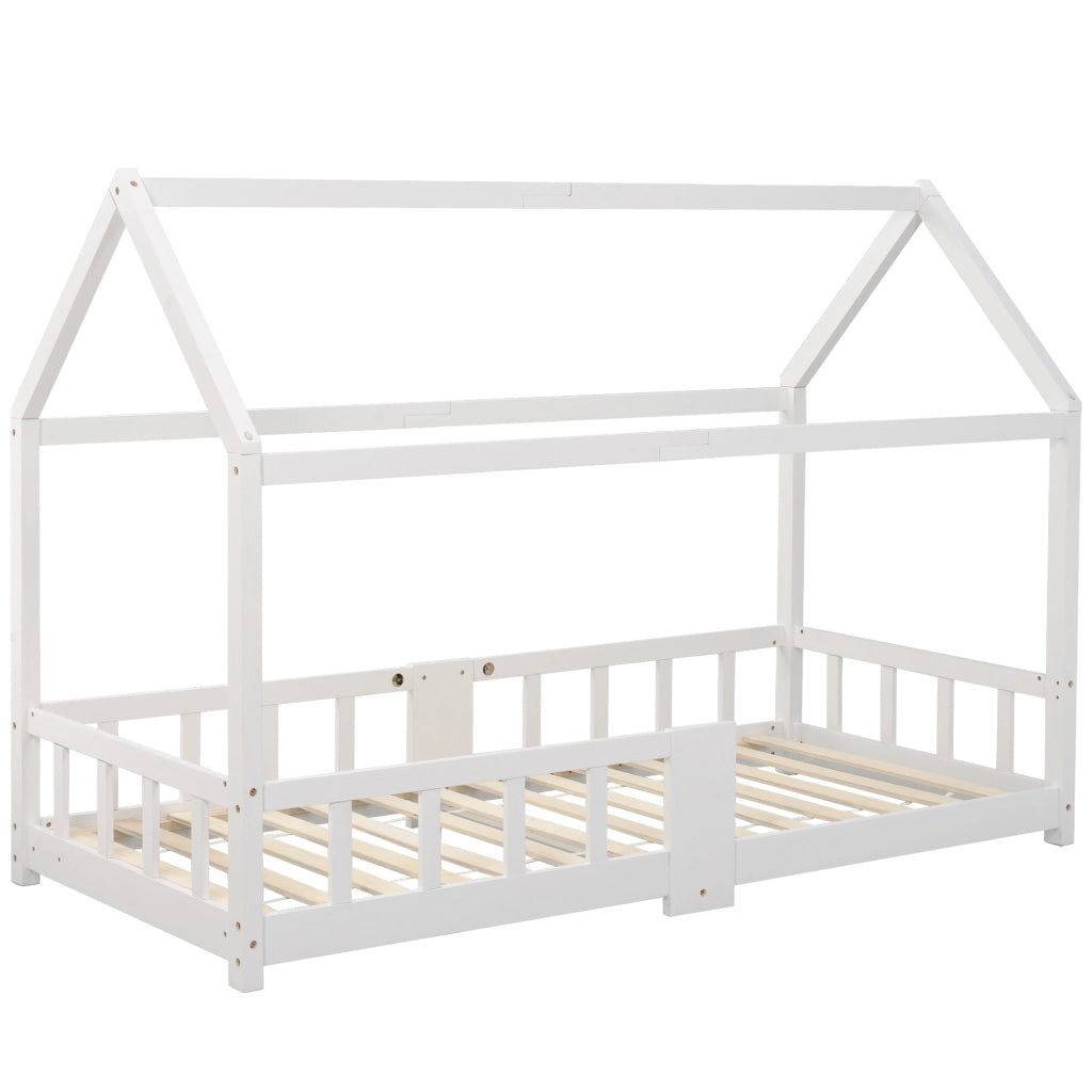 Letto a casetta per bambini 90 x 200 cm in pino bianco con lavagna e sponde