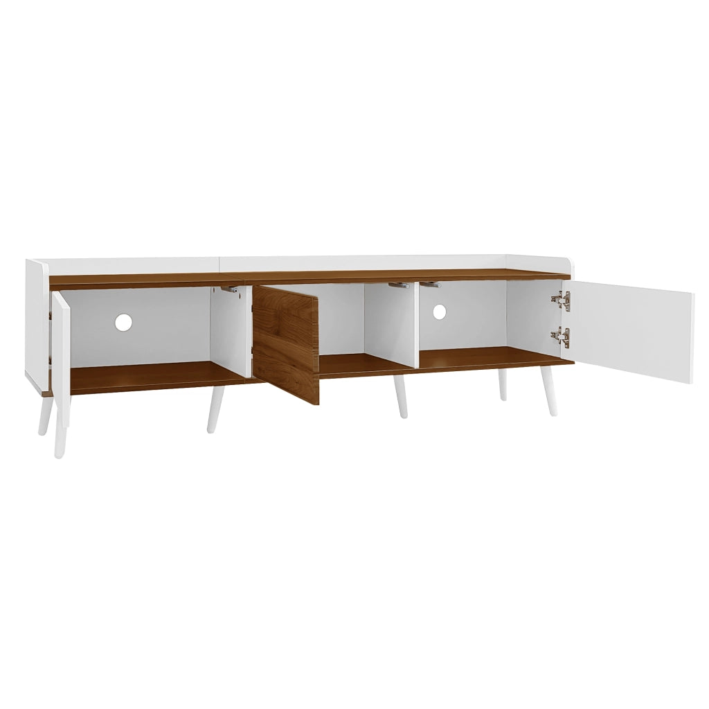 Mobile TV a 3 ante con struttura compatta, finitura bianco e legno naturale, 160 x 39 x 49,5 cm