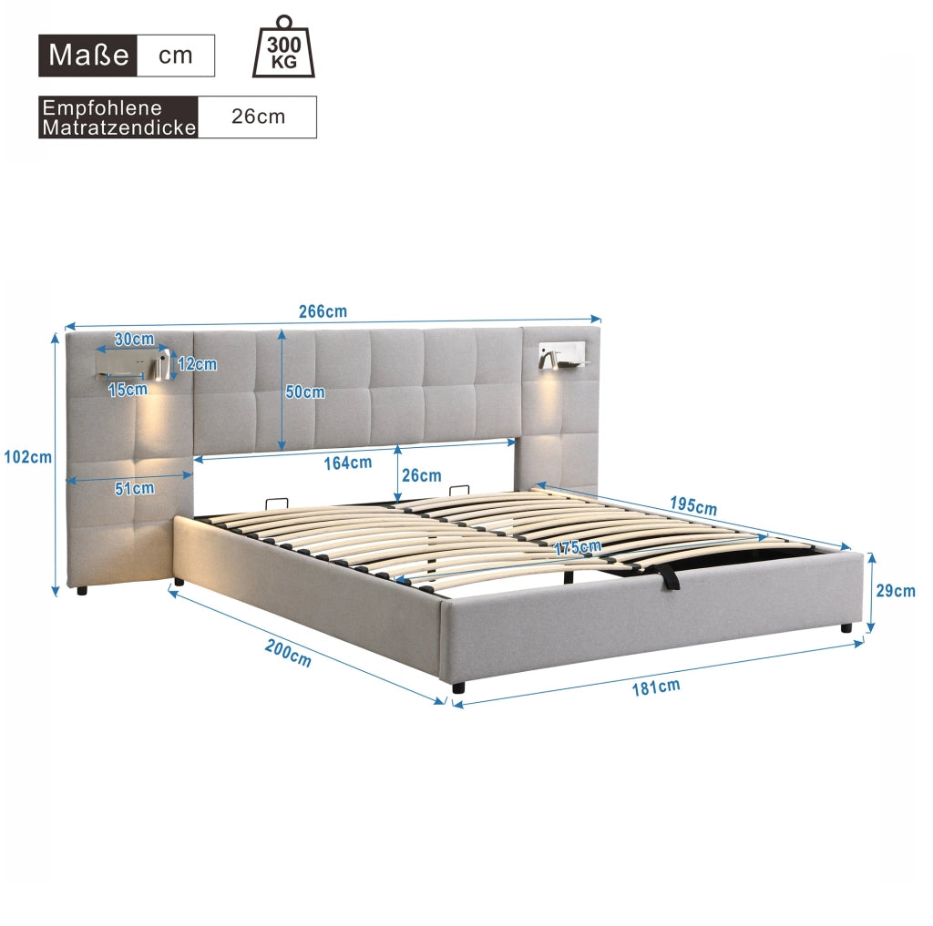 Letto imbottito 180x200 cm con USB; ricarica wireless; luce e contenitore; grigio