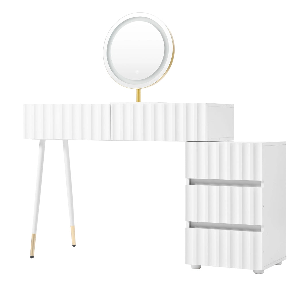 Toeletta con specchio LED 100x40x127 cm, 5 cassetti bianca HAVRYA