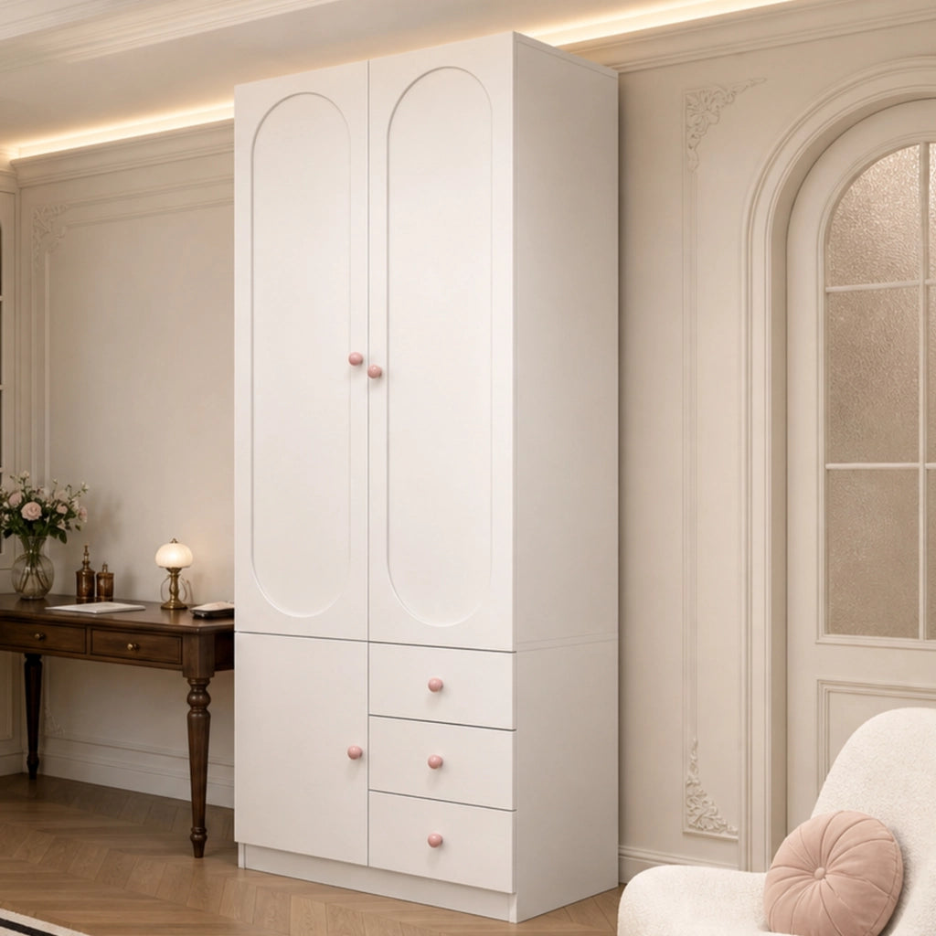 Armadio per cameretta con 2 ante 3 cassetti e appendiabiti in MDF bianco laccato con maniglie rosa 80 × 50 × 200 cm