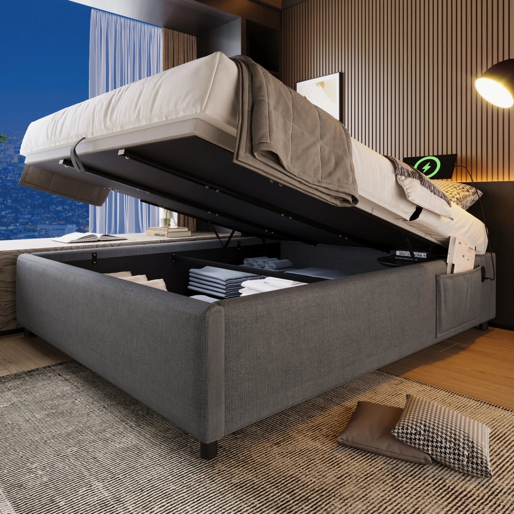 OKWISH Letto contenitore 140×200 cm, Letto Matrimoniale con USB, Type C e tasca laterale, senza Materasso, in Lino Cotone, Grigio