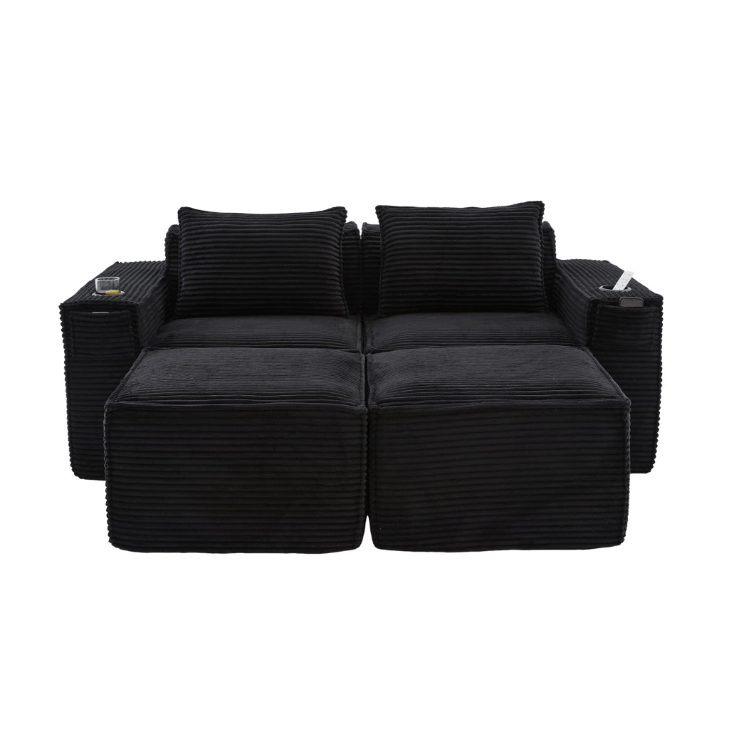 Divano modulare 2 posti con 2 pouf; portabicchieri e tasche laterali; in tessuto a coste nero