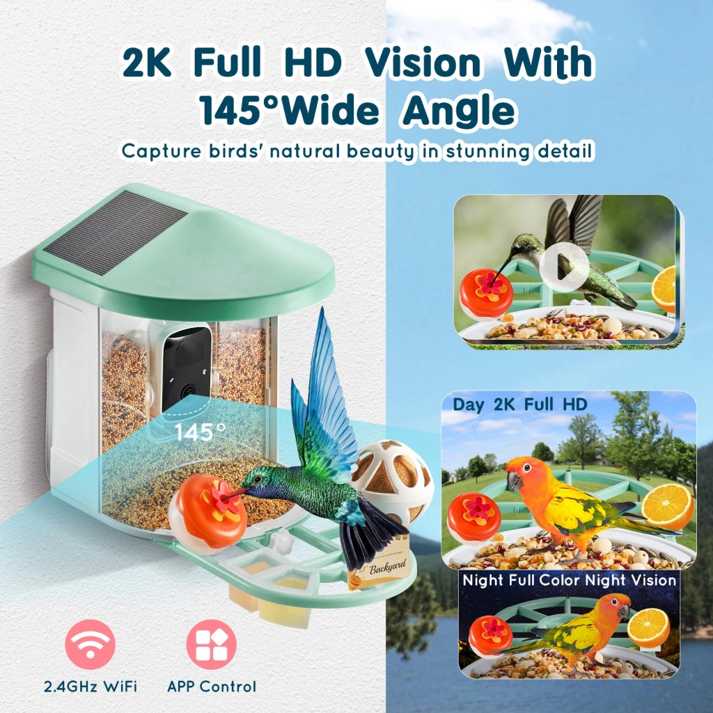 Mangiatoia per Uccelli Intelligente con Telecamera 2K FB-A05, Riconoscimento AI, 3 Pannelli Solari e Batteria 5200mAh per Giardino, Verde