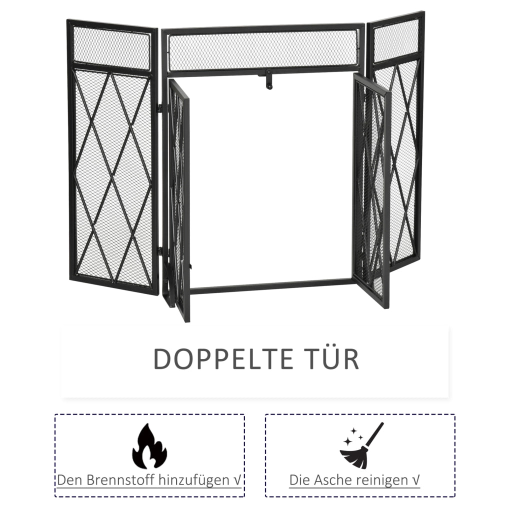 Parascintille a 3 pannelli in metallo nero 120 x 79 cm per camino interno