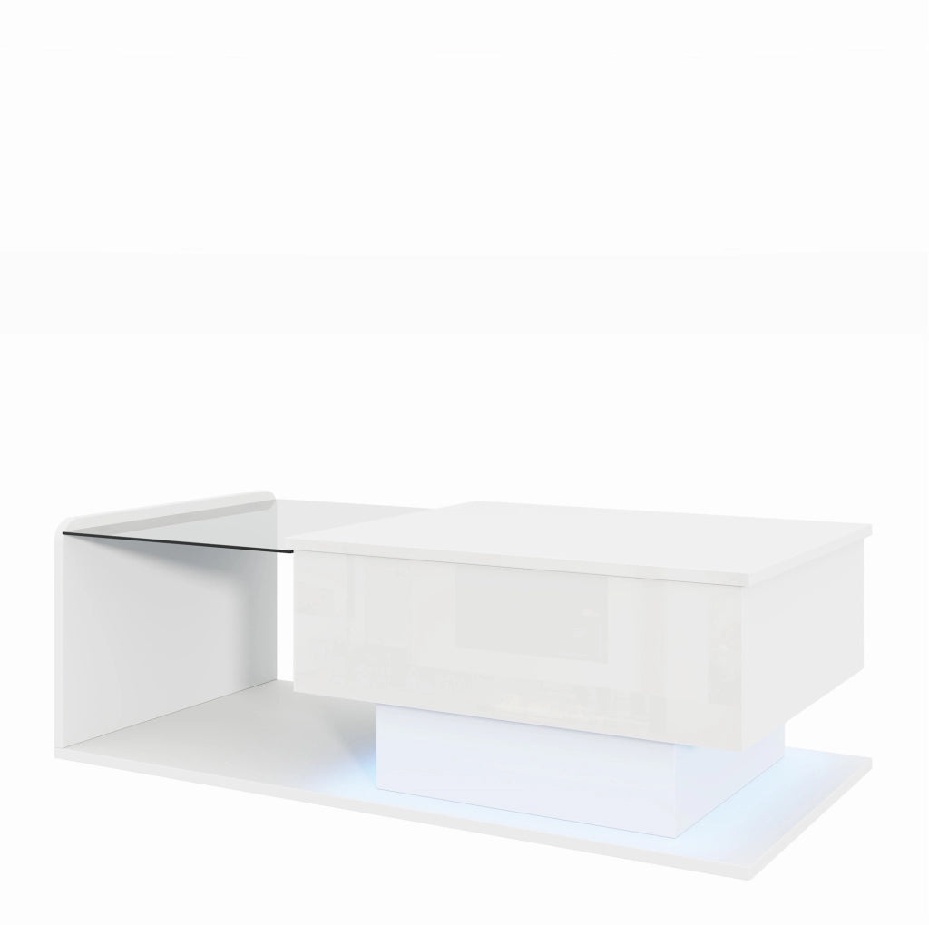 Tavolino Bianco Lucido con Piano in Vetro Temperato, LED e Spazio di Archiviazione, Altezza Regolabile