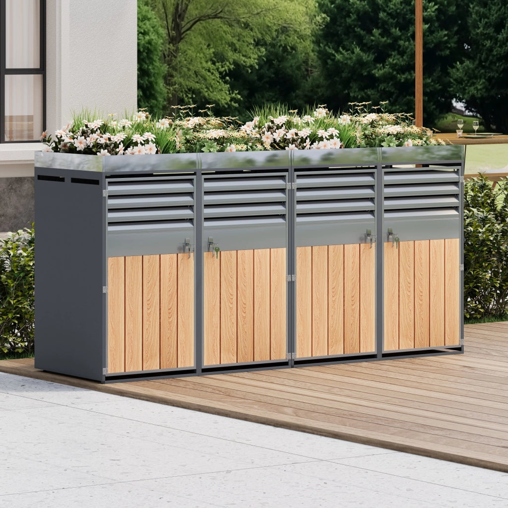 Armadio portabidoni a quattro vani con fioriera integrata porte con serratura in acciaio zincato grigio effetto legno