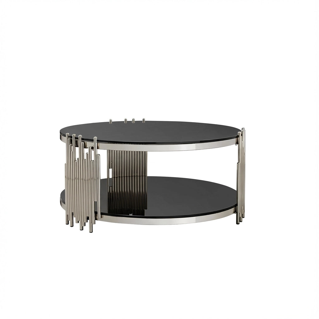 Tavolino da caff¨¨ rotondo 80x80x45 cm a 2 ripiani in vetro temperato nero e acciaio inox argento