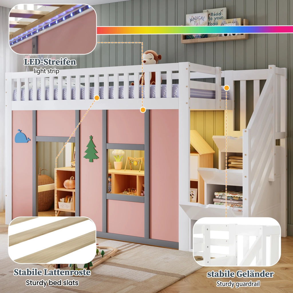 Letto a soppalco per bambini 90 × 200 cm con scala contenitore, LED, pino e MDF, bianco e rosa