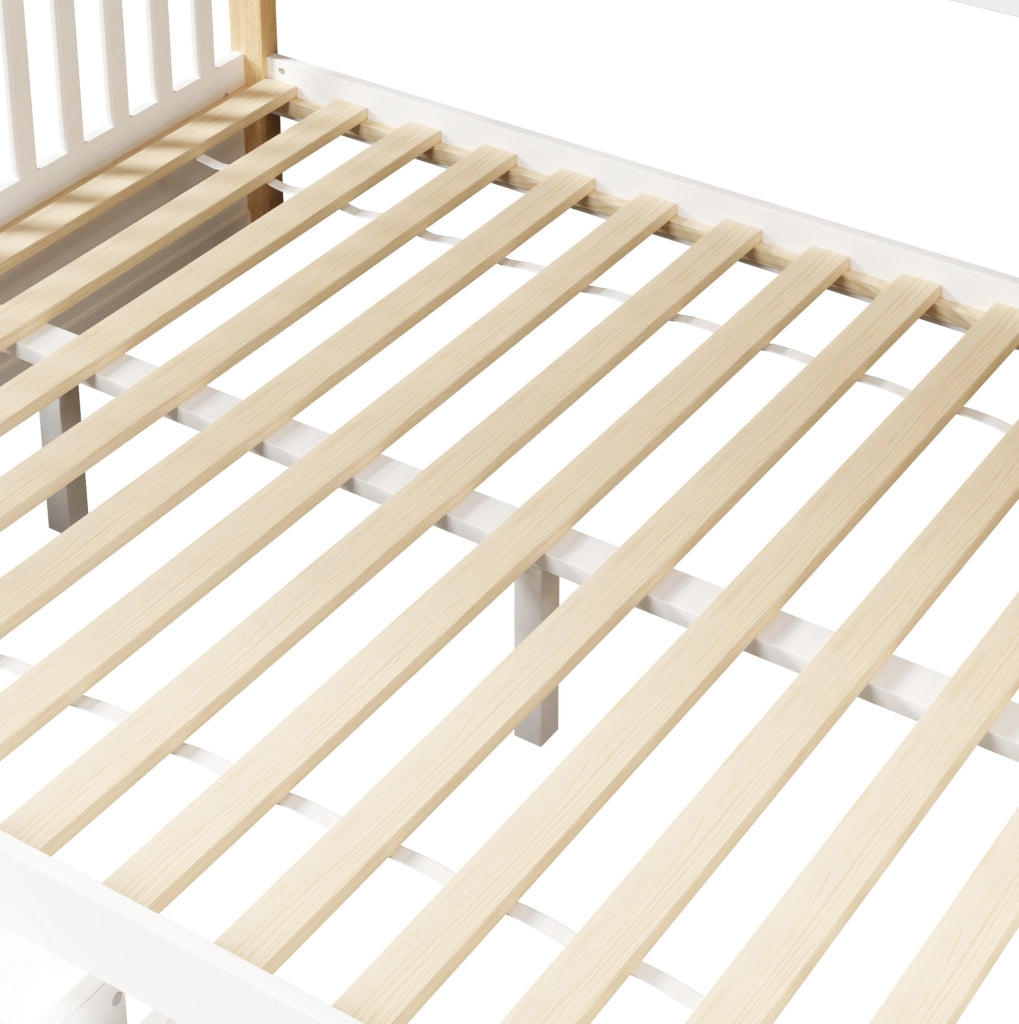 Letto a castello in pino massello 90x200/140x200 con cassetti e spazio salvaspazio, bianco e naturale, senza materasso