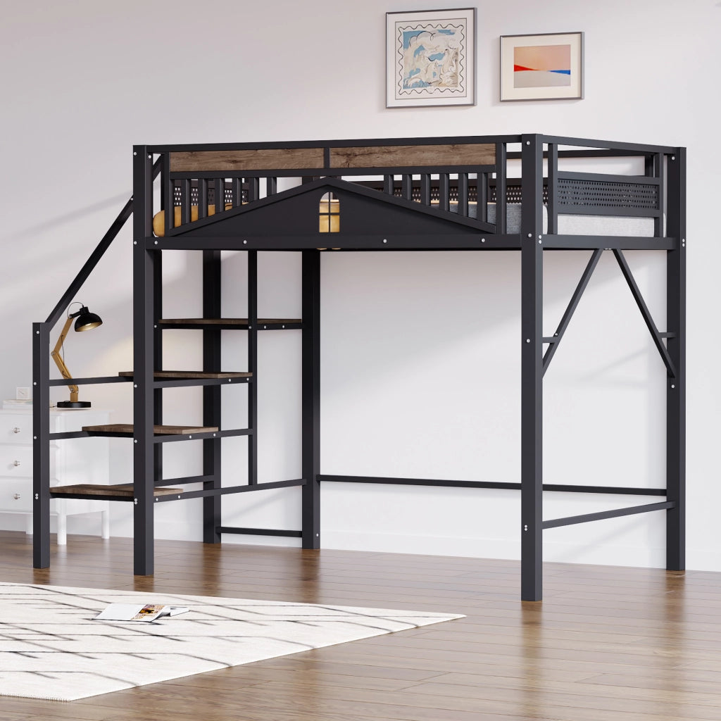 Letto a soppalco 140 × 200 cm con scala di sicurezza; gradini in legno e barriera a finestra in metallo nero