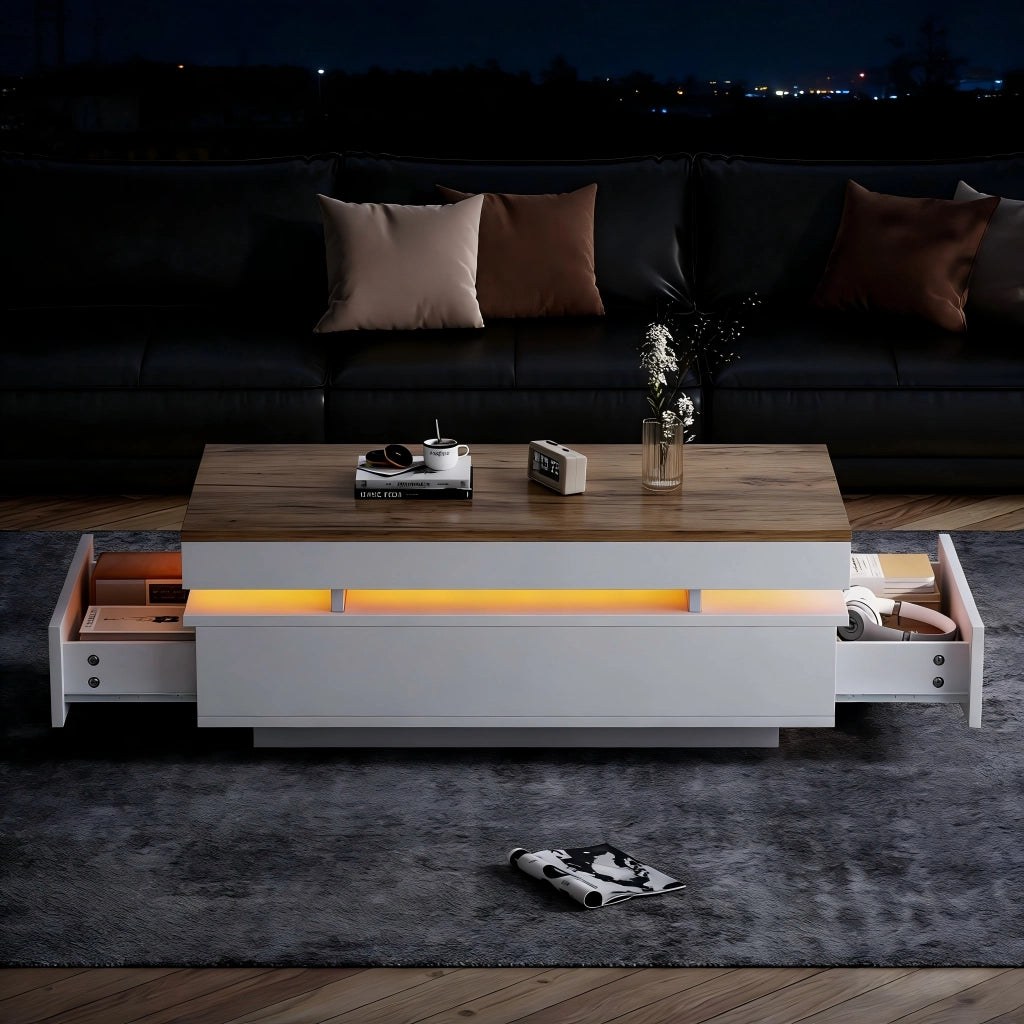 Tavolino da salotto con LED 100x50x35 cm componibile 2 cassetti legno e bianco