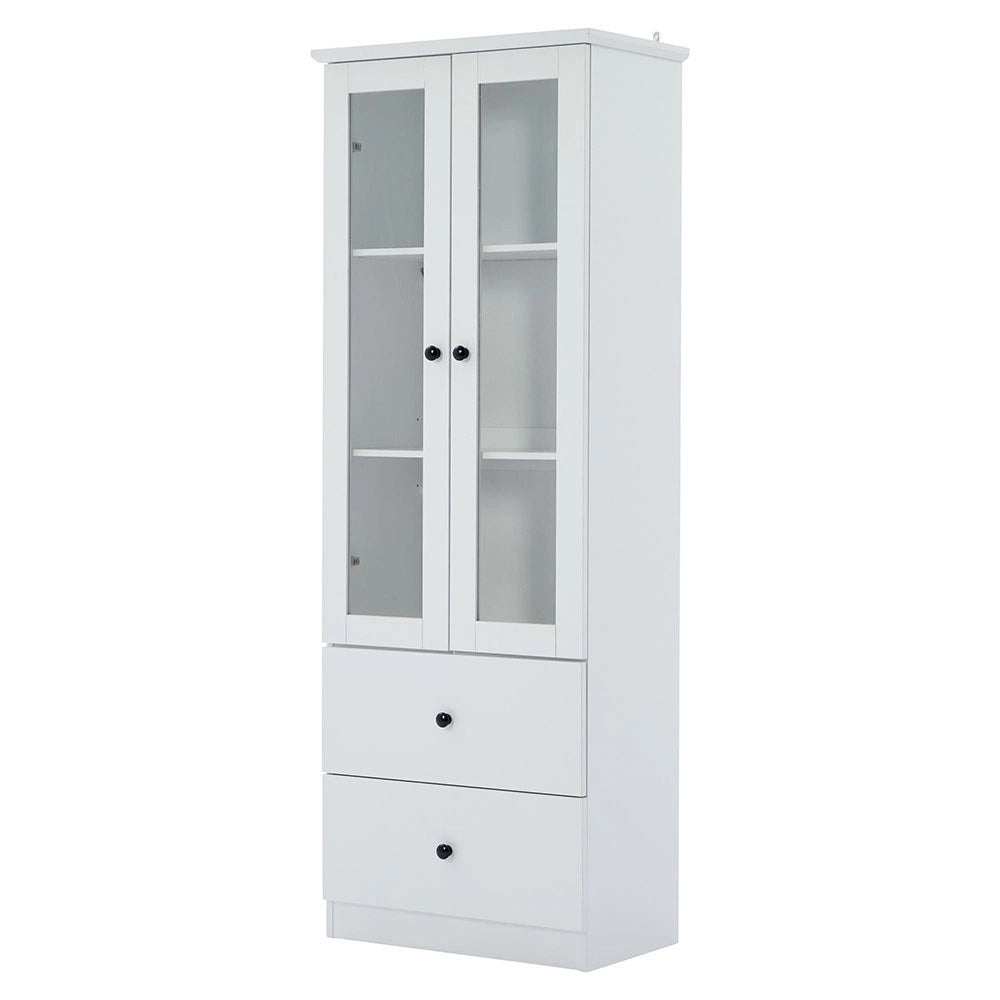 Vetrina moderna LED - Xylo - 165 cm - Bianco opaco - USB, telecomando 16 colori, vetro, 2 cassetti, ripiani regolabili, ante battenti