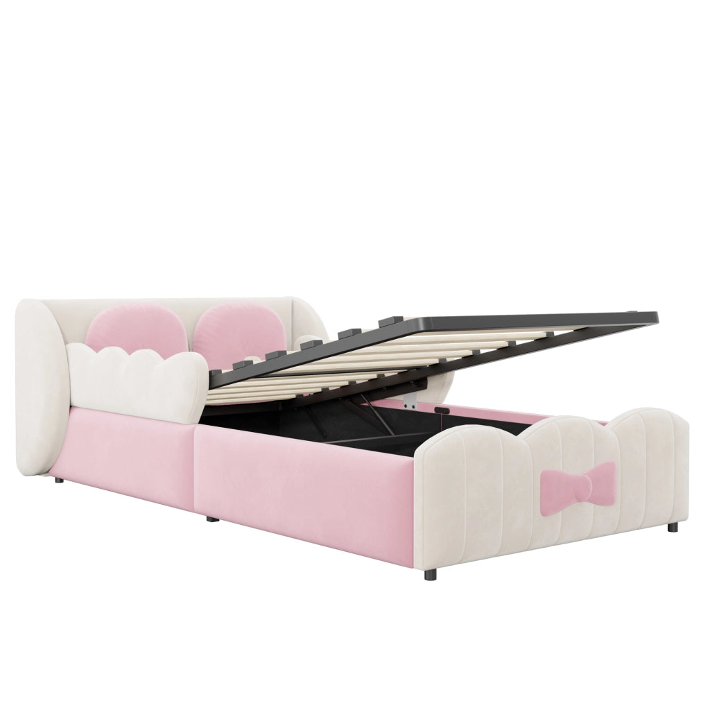 Letto per bambini 90 x 200 cm in velluto con contenitore idraulico; design ad ali; beige e rosa
