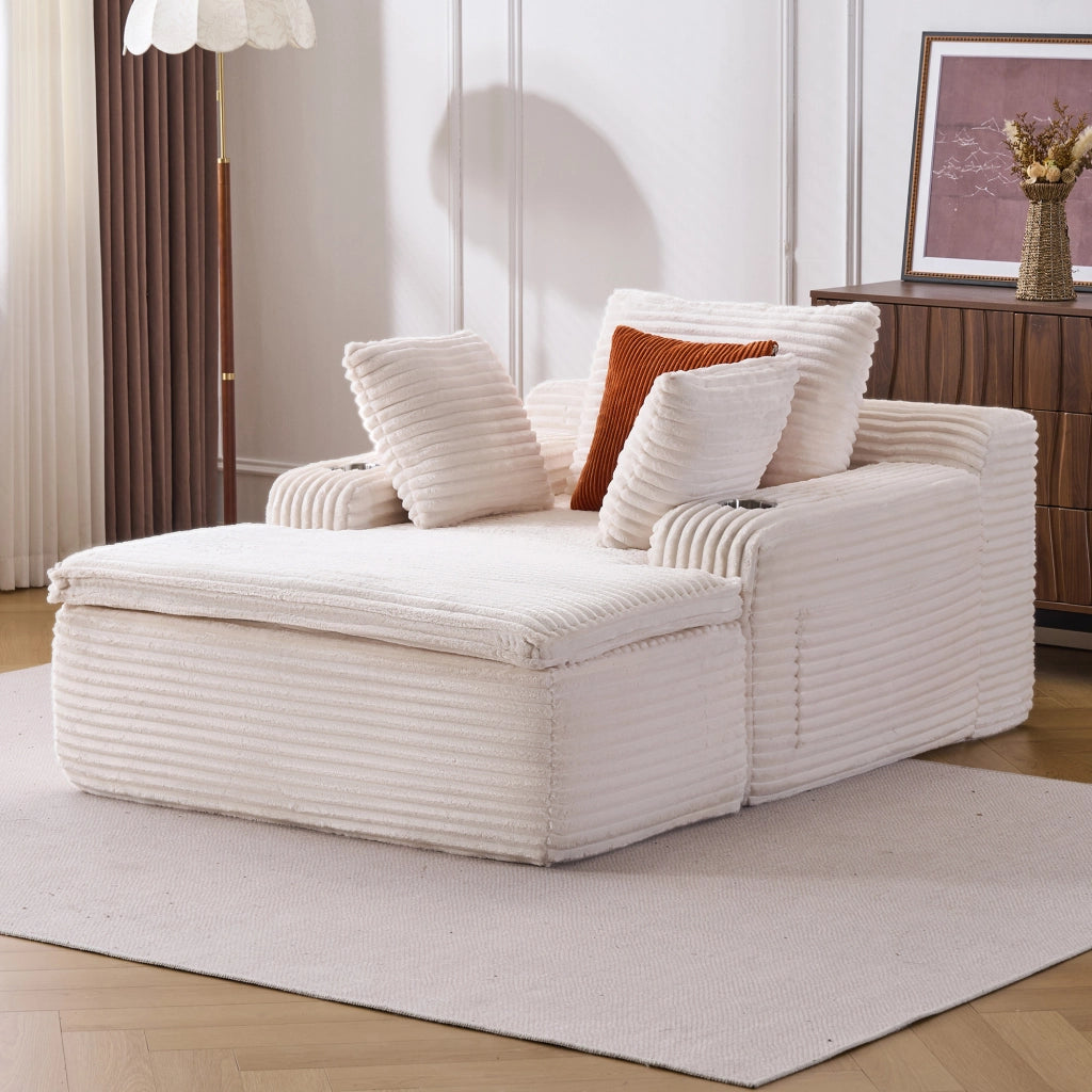Divano Convertibile Senza Struttura con Chaise Longue, 3 Cuscini e Portabicchieri in Velluto a Coste Beige