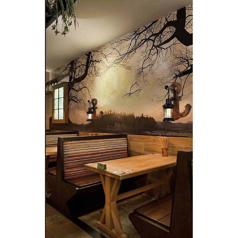 Trade Shop - Applique In Legno Con Base Ad Ancora Lanterna Country Lampada Industrial E27 E54 -