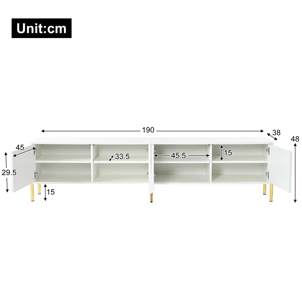 Mobile TV a quattro ante con otto ripiani in MDF e pannello truciolare bianco con gambe dorate 190 × 38 × 48 cm