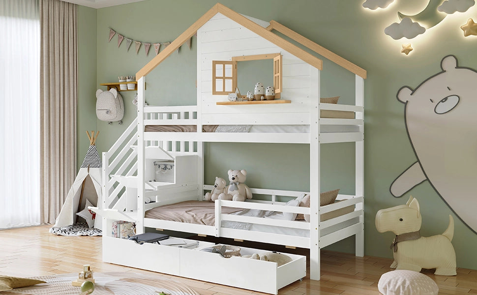 Letto a castello per bambini 90 × 200 cm con scala contenitore in legno bianco e naturale con cassetti e finestra apribile