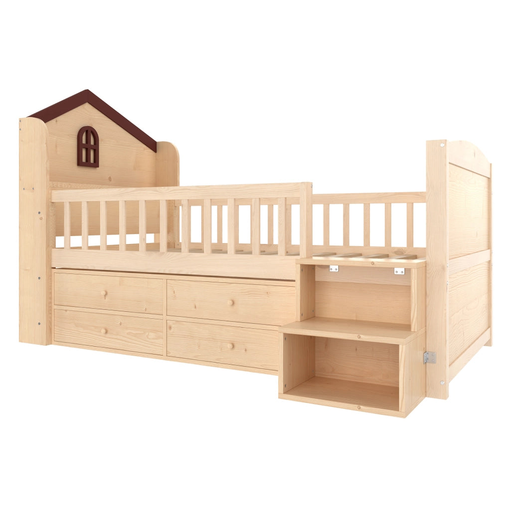 LETTO semi-alto a casetta 90x200 cm con LED, 4 cassetti, naturale
