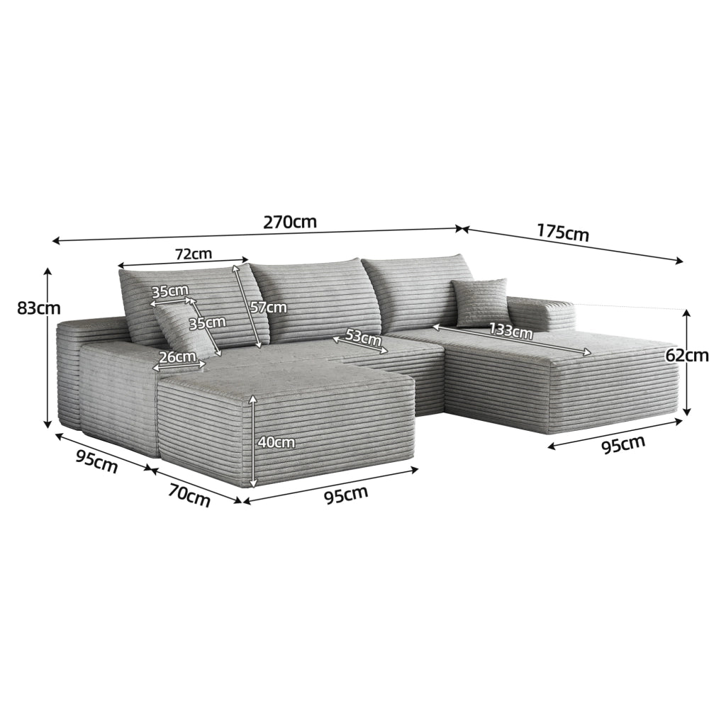 DIVANO in tessuto a coste grigio 270x175x83 cm