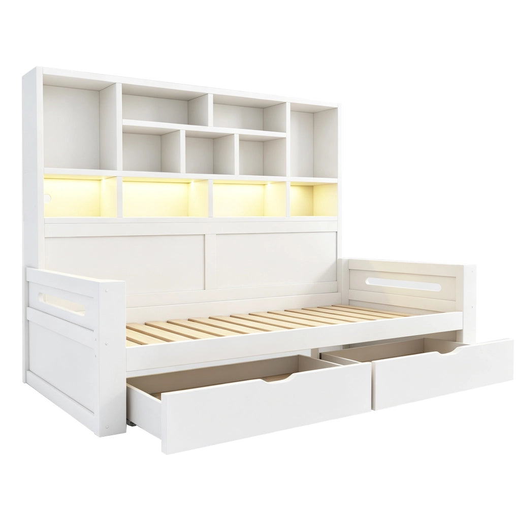 Letto singolo 90x200 cm in MDF bianco con LED, prese e contenitore