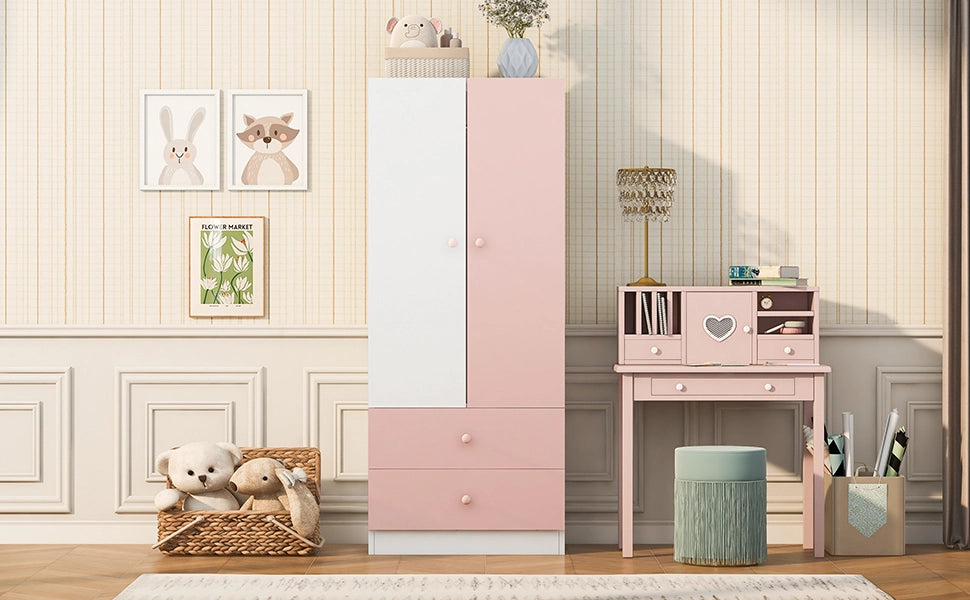 Armadio guardaroba rosa e bianco 70 x 40 x 170 cm, bicolore con due cassetti e ante, compensato e MDF