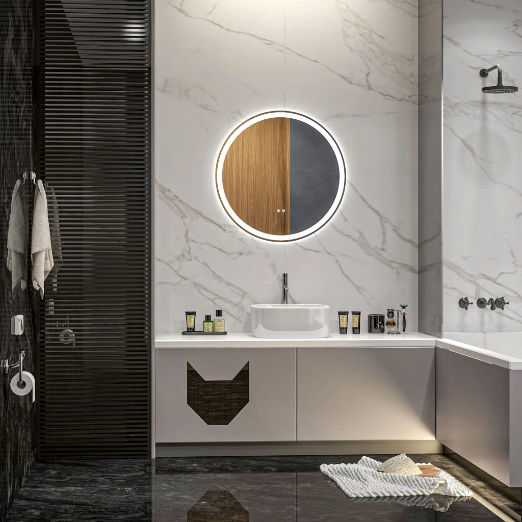 Specchio bagno LED rotondo Ø 60 cm con touch, 3 colori di luce, antiappannamento e cornice in alluminio bianca