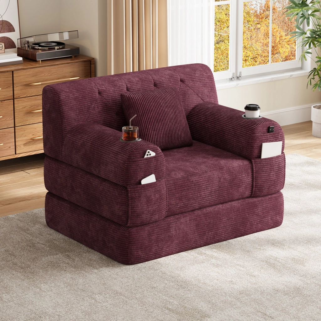 Divano letto 1 posto 107x162 cm con schienale alto; 4 tasche e 2 portabicchieri; velluto a coste rosso vino