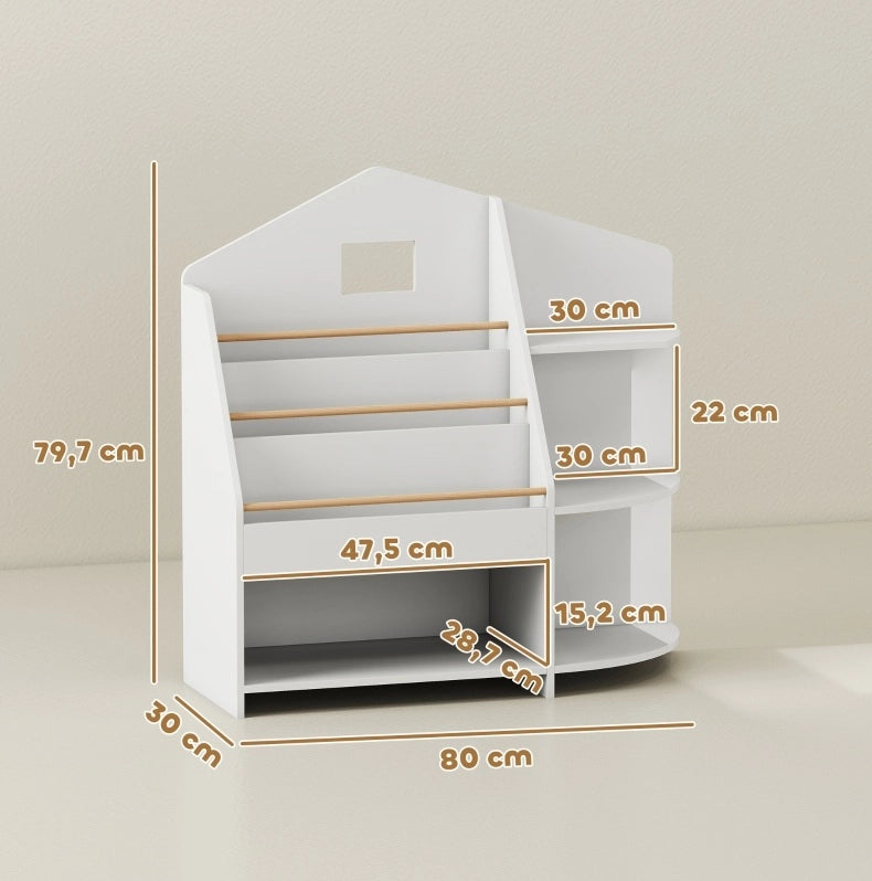 Libreria per bambini 80 x 30 x 79,7 cm in legno bianco, 7 vani salvaspazio